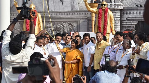 DMK deputy general secretary MP M Kanimozhi along with Chief Minister MK Stalin, Minister Udhayanidhi Stalin and other party seniors hoist party flag at DMK's youth wing state conference venue in Salem district.
