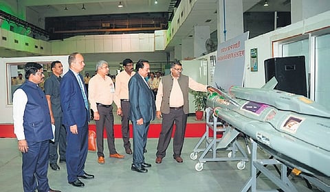 Union Minister of State for Defence Ajay Bhatt being briefed about DRDO’s  Akash  weapon system in Hyderabad on Sunday