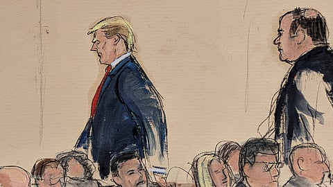 In this courtroom sketch, Friday, Jan. 26. 2024, Donald Trump, left, is followed by his inside counsel Boris Epshteyn, as he walks out of the Federal courtroom, in New York.