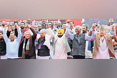 (From left) Delhi CM Arvind Kejriwal, CPM general secretary Sitaram Yechury, Kerala CM Pinarayi Vijayan, Punjab CM Bhagwant Mann,  CPI general secretary D Raja, Jammu and Kashmir National Conference president Farooq Abdullah, during LDF protest against the Centre at Jantar Mantar, in New Delhi on Thursday.