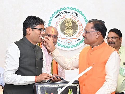 Chhattisgarh Finance Minister OP Choudhary with Chief Minister Vishnu Deo Sai after budget presentation. 