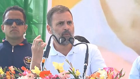 Congress leader Rahul Gandhi speaks at the Bharat Jodo Nyay Yatra, on February 8, 2024.