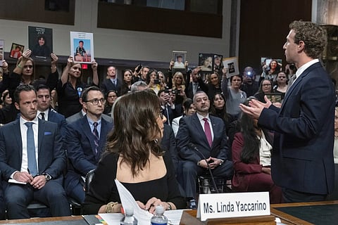 Meta CEO Mark Zuckerberg turns to address the audience during a Senate Judiciary Committee hearing on Capitol Hill in Washington, Wednesday, Jan 31, 2024. 