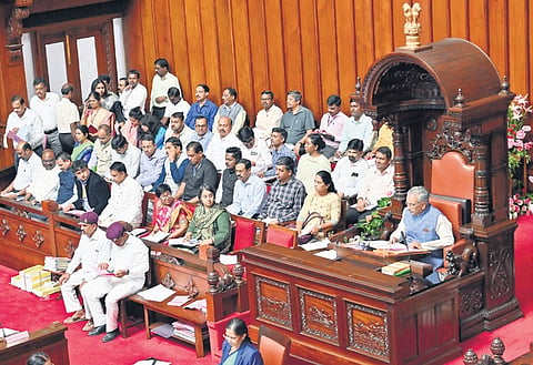 Legislative Council Chairman Basavaraj Horatti oversees the session in Vidhana Soudha on Wednesday | Express