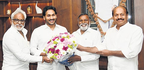 Former chairman of TTD YV Subba Reddy, MLA Golla Babu Rao and Meda Raghunadha Reddy with CM YS Jagan Mohan Reddy on Thursday.