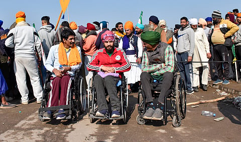 Farmers at the Punjab-Haryana Shambhu border during their 'Delhi Chalo' protest march, near Patiala district, Thursday, Feb. 15, 2024. 