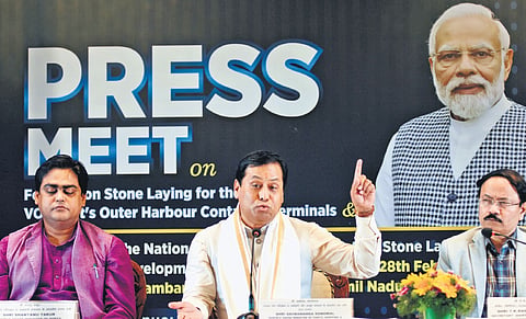 Sonowal and Thakur addressing the press conference in Chennai. 