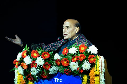 Defense Minister Rajnath Singh addressing the students after unveiling the statue of the country's first CDS, late General Bipin Rawat at The Tons Bridge School in Nanda Chowki, Uttarakhand.