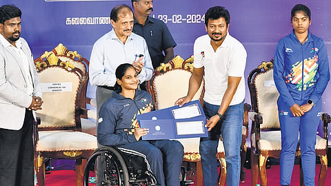 Sports Minister Udayanidhi Stalin honouring meritorious sportspersons with awards at a function held in Chennai on Friday 