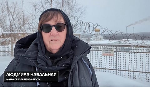 In this grab taken from video provided by the Navalny Team on Feb. 20, 2024, Russian Opposition Leader Alexei Navalny's mother Lyudmila Navalnaya speaks, near the prison colony in the town of Kharp, Russia. 
