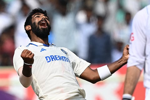 India's Jasprit Bumrah celebrates after taking the wicket of England's Ben Foakes during the fourth day of the second Test cricket match between India and England on February 5, 2024.  