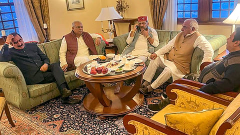 (From L to R) Himachal Pradesh Chief Minister Sukhvinder Singh Sukhu, ex-Chhattisgarh CM Bhupesh Baghel, Karnataka Dy CM DK Shivakumar, ex-Haryana CM Bhupinder Singh Hooda and Congress leader Rajeev Shukla during a meeting, in Shimla, Wednesday, Feb. 28, 2024.