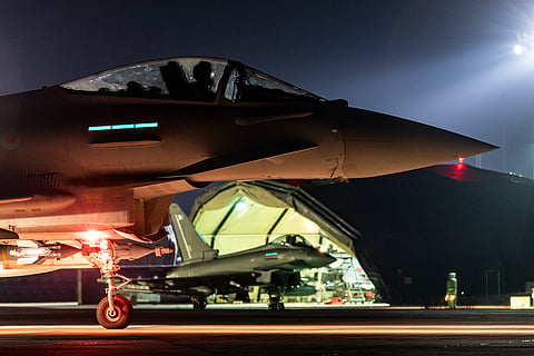 A Royal Air Force Typhoon aircraft prepares to take off, along with others, to conduct further strikes against Houthi targets in Yemen. 