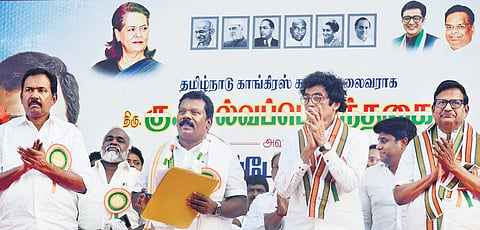 New TNCC president Selvaperunthagai assuming office at Sathyamoorthi Bhavan in Chennai on Wednesday 
