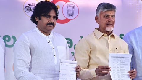 TDP supremo N Chandrababu Naidu and Janasena chief Pawan Kalyan together who are in alliance release the first list of candidates for upcoming election 