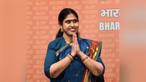 MLA Vijayadharani as she joins BJP, in New Delhi, Saturday, Feb. 24, 2024. 
