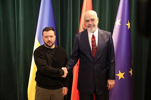 Albanian Prime Minister Edi Rama, right, welcomes Ukrainian President Volodymyr Zelenskyy before their meeting in Tirana, Albania, Wednesday, Feb. 28, 2024. 
