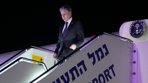 U.S. Secretary of State Antony Blinken arrives at Ben Gurion International airport in Tel Aviv, Israel, late Tuesday, Feb. 6, 2024. 