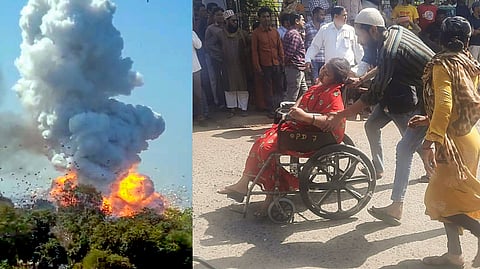 (L-R) Smoke rises after a massive fire broke out in a firecracker factory in Harda. An injured being shifted to a hospital 