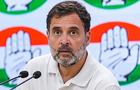  Congress leader Rahul Gandhi addresses a press conference at AICC headquarters, in New Delhi, Friday.