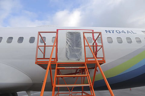 A section of Boeing 737-9 Max that lost a panel in flight, in Portland, Ore.