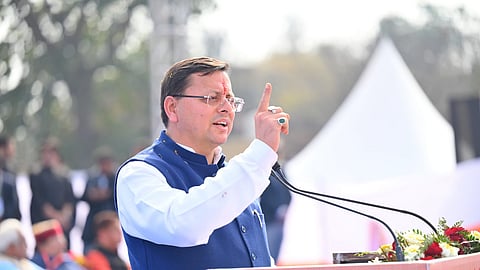 Uttarakhand Chief Minister Pushkar Singh Dhami speaks at the Nari Shakti Mahotsav event in Haridwar on Monday.