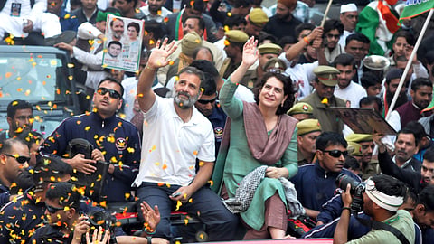 Congress leaders Rahul Gandhi and Priyanka Gandhi during the Bharat Jodo Nyay Yatra, in Moradabad, Saturday
