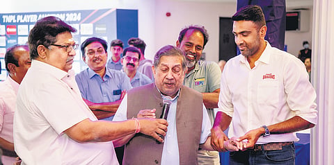 Former BCCI and TNCA President N Srinivasan (C), India spinner R Ashwin and TNCA secretary RI Palani during the 2024 TNPL auction in Chennai on Wednesday, Feb 7, 2024.