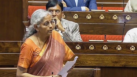 Union Finance Minister Nirmala Sitharaman speaks in the Rajya Sabha during the Budget session of Parliament, in New Delhi. 