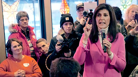 Republican presidential hopeful Nikki Haley speaks with supporters Jan. 15, 2024, in Des Moines, Iowa. 
