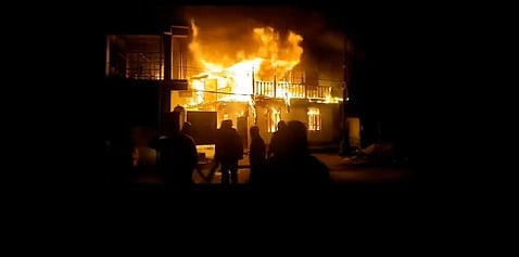 Screengrab from the blast that killed one and set ablaze the office of an influential Meitei organisation in strife-torn Manipur’s Imphal valley.