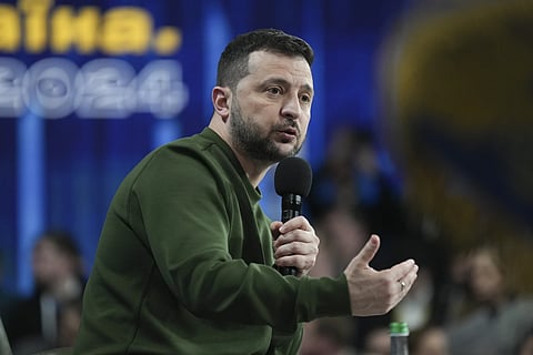 Ukrainian President Volodymyr Zelenskyy answers media question during his press conference in Kyiv, Ukraine, Sunday, Feb 25, 2024.  