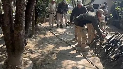 Manipur Police commandos laid down their arms in protest against the abduction of Additional Superintendent Amit Kumar Moirangthem 
