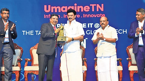 Chief Minister MK Stalin receiving a memento from IT minister Palanivel Thiaga Rajan at the inauguration of a two-day conference in Chennai 