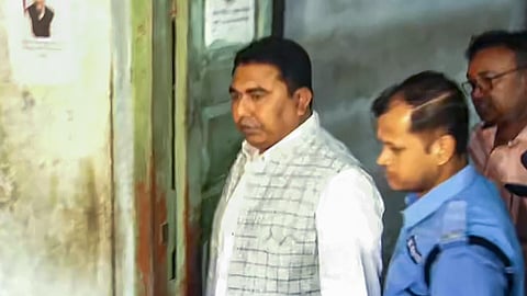  Trinamool Congress leader Sheikh Shahjahan, accused of sexual violence and land grabbing in Sadeshkhali village, comes out after he was produced at the Basirhat court, in North 24 Parganas. 
