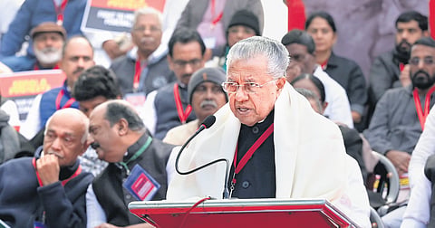 CM Pinarayi Vijayan addresses the gathering during LDF protest against the Centre over alleged neglect and partiality in allocation of funds to Kerala and other 
non-BJP ruled states, at Jantar Mantar, in New Delhi on February 08 2024.