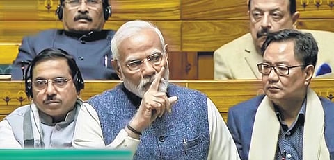 Prime Minister Narendra Modi addressing the Lok Sabha on Saturday.