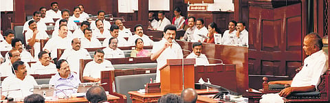 Chief Minister MK Stalin addressing the Assembly on Thursday, Feb 15, 2024. 