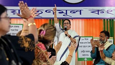 West Bengal Chief Minister Mamata Banerjee during a dharna demanding the state's dues from the Centre for various social welfare schemes, in Kolkata, on Feb. 3, 2024. 