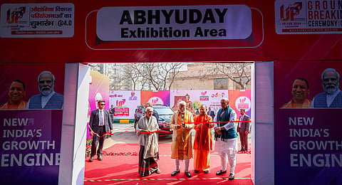 Prime Minister Narendra Modi with Uttar Pradesh Governor Anandiben Patel, Defence Minister Rajnath Singh and UP Chief Minister Yogi Adityanath during the 4th groundbreaking ceremony of UP Global Investors' Summit, in Lucknow, Monday, Feb. 19, 2024.