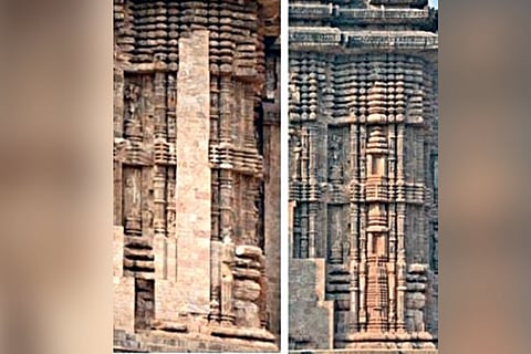 Plain stones on Jagamohana wall replaced with mouldings 