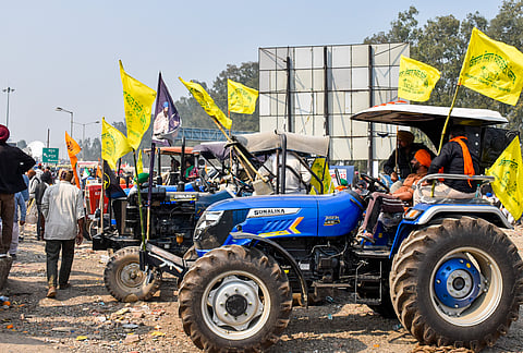 Farmers at the Punjab-Haryana Shambhu border during farmers' 'Delhi Chalo' protest, near Patiala district, Saturday, Feb. 17, 2024.