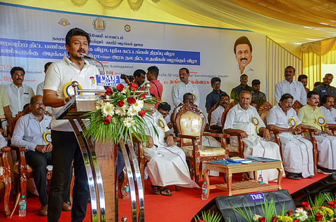 Udhayanidhi Stalin addresses the public during the Tirunelveli Junction Bus Stand inauguration function
