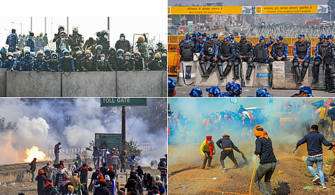(Top) (R) Police and RAF personnel block a highway in Shambhu; (L) security beefed up at the Singhu border in New Delhi.

(Bottom L and R) Security forces fire tear gas shells at 'Delhi Chalo' protestors at the Punjab-Haryana borders.