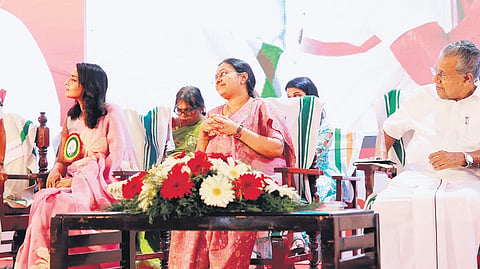 P K Medini speaking at the Nava Kerala Sthree Sadas on Thursday on the need to ensure women empowerment in the state 