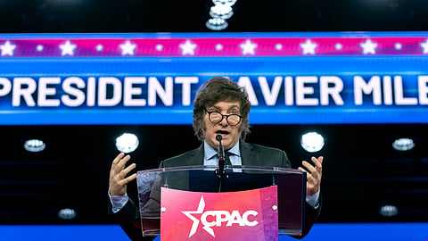 Argentina's President Javier Milei speaks during the Conservative Political Action Conference, CPAC 2024, at National Harbour, in Oxon Hill, Md., Feb. 24, 2024. 