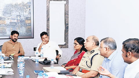 Chief Minister A Revanth Reddy meets the High-Power Committee to discuss 
recruitments in the police department at his Jubilee Hills residence in Hyderabad on Monday. Minister D Sridhar Babu and DGP Ravi Gupta are also seen