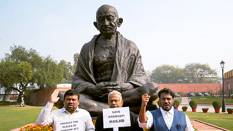 IUML (Indian Union Muslim League) MPs protest at the Gandhi statue during the Budget session of Parliament. 