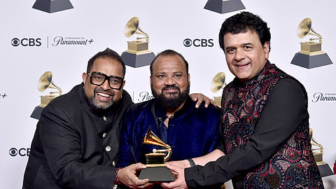 Shankar Mahadevan, from left, V Selvaganesh, and Ganesh Rajagopalan of Shakti pose in the press room with the award for best global music album for "This Moment" during the 66th annual Grammy Awards on Sunday, Feb. 4, 2024, in Los Angeles. 