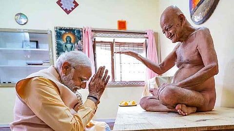 Prime Minister Narendra Modi receives blessings of Acharya Shri 108 Vidhyasagar Ji Maharaj Ji at the Chandragiri Jain Mandir in Dongargarh, Chhattisgarh, in 2023